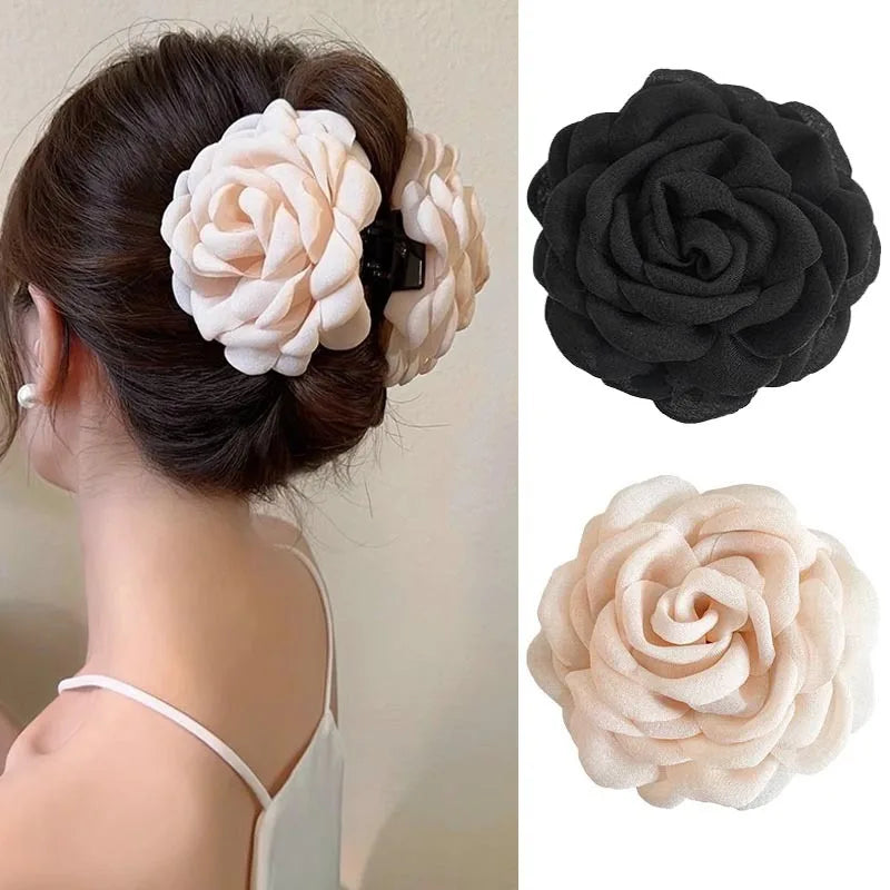 French Romantic Rose Flower Hair Clip Women Elegant Large Shark Clip Hair Claw Ponytail Barrettes Girl Hair Accessories Headwear