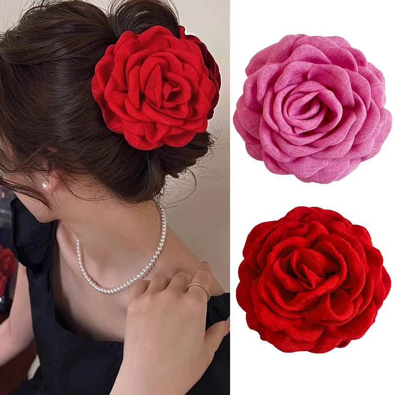 French Romantic Rose Flower Hair Clip Women Elegant Large Shark Clip Hair Claw Ponytail Barrettes Girl Hair Accessories Headwear