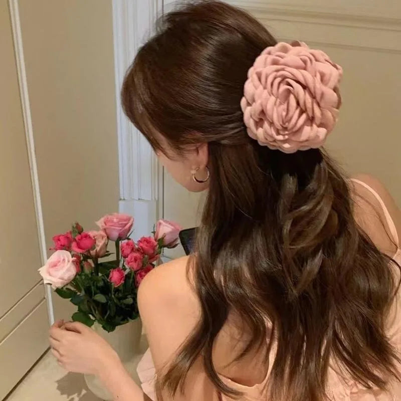 French Romantic Rose Flower Hair Clip Women Elegant Large Shark Clip Hair Claw Ponytail Barrettes Girl Hair Accessories Headwear