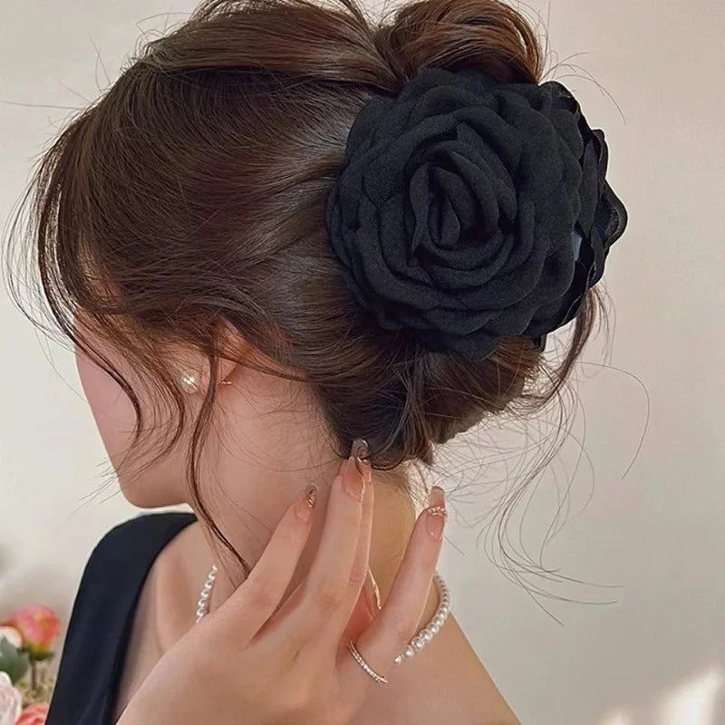 French Romantic Rose Flower Hair Clip Women Elegant Large Shark Clip Hair Claw Ponytail Barrettes Girl Hair Accessories Headwear