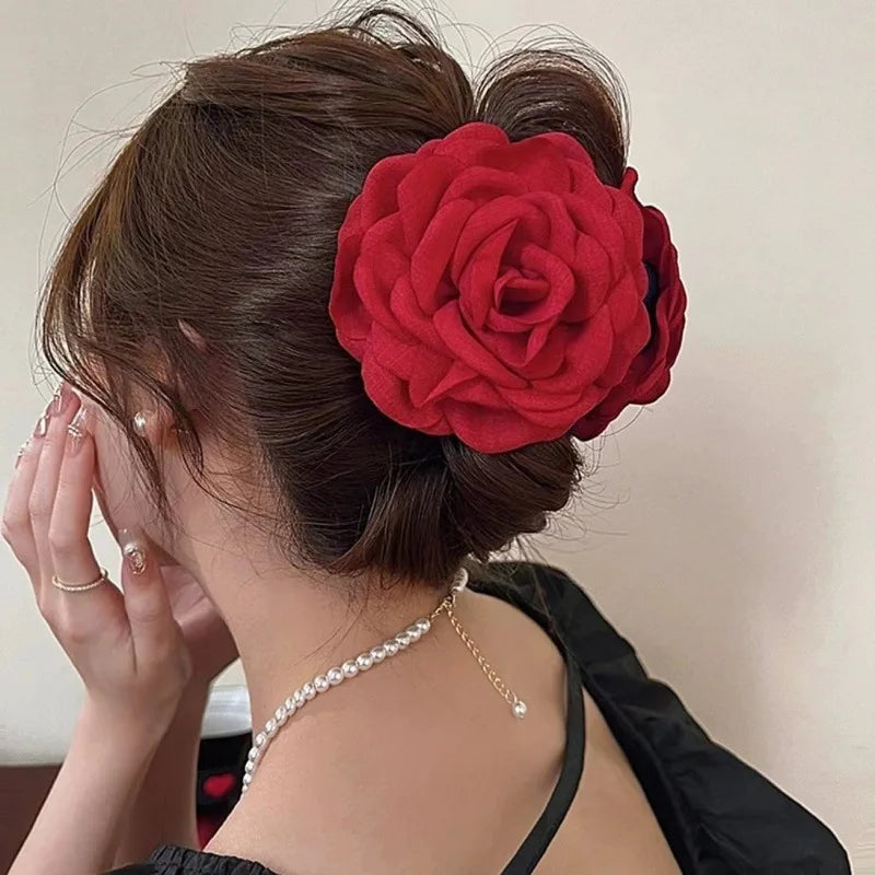 French Romantic Rose Flower Hair Clip Women Elegant Large Shark Clip Hair Claw Ponytail Barrettes Girl Hair Accessories Headwear