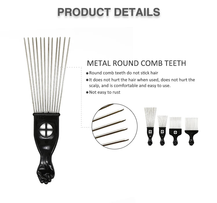 Professional Barber Hair Styling Afro Comb Plastic Handle Metal Tooth Hairdressing Curly Hair Pick Tools For Black Man
