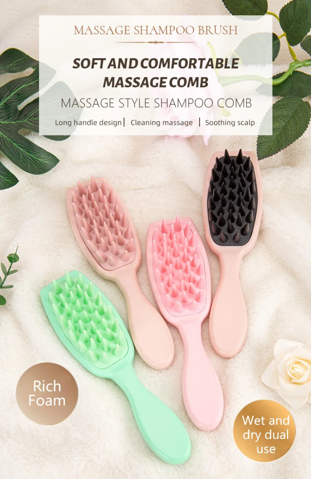 Silicone Shampoo Brush Scalp Massage Brush Hair Washing Comb Long Handle Head Massager Bath Exfoliating Body Scrubber Hair Care