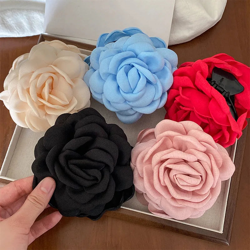 French Romantic Rose Flower Hair Clip Women Elegant Large Shark Clip Hair Claw Ponytail Barrettes Girl Hair Accessories Headwear
