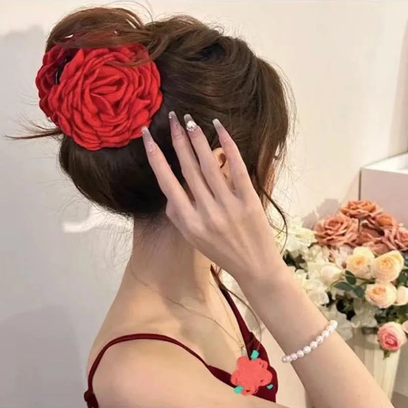 French Romantic Rose Flower Hair Clip Women Elegant Large Shark Clip Hair Claw Ponytail Barrettes Girl Hair Accessories Headwear