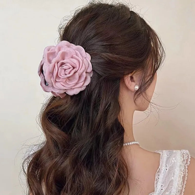French Romantic Rose Flower Hair Clip Women Elegant Large Shark Clip Hair Claw Ponytail Barrettes Girl Hair Accessories Headwear