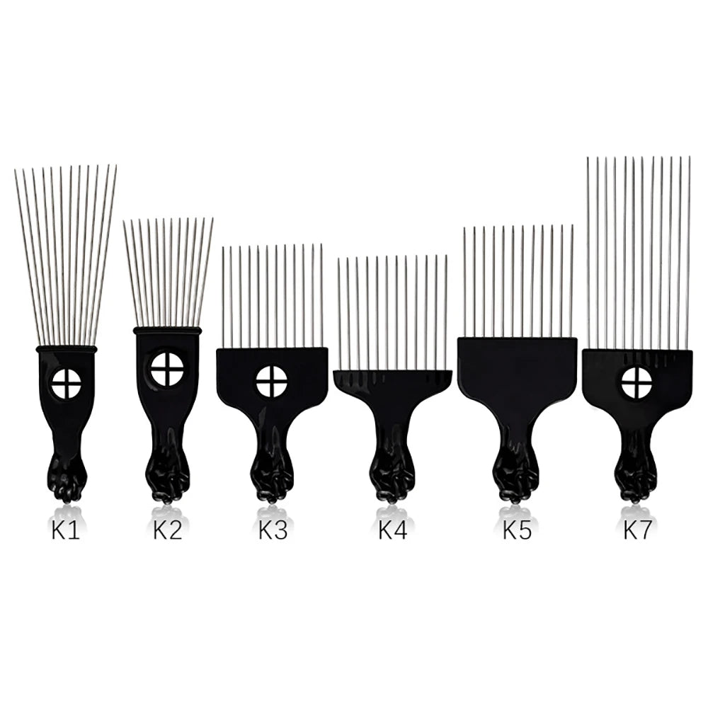 Professional Barber Hair Styling Afro Comb Plastic Handle Metal Tooth Hairdressing Curly Hair Pick Tools For Black Man