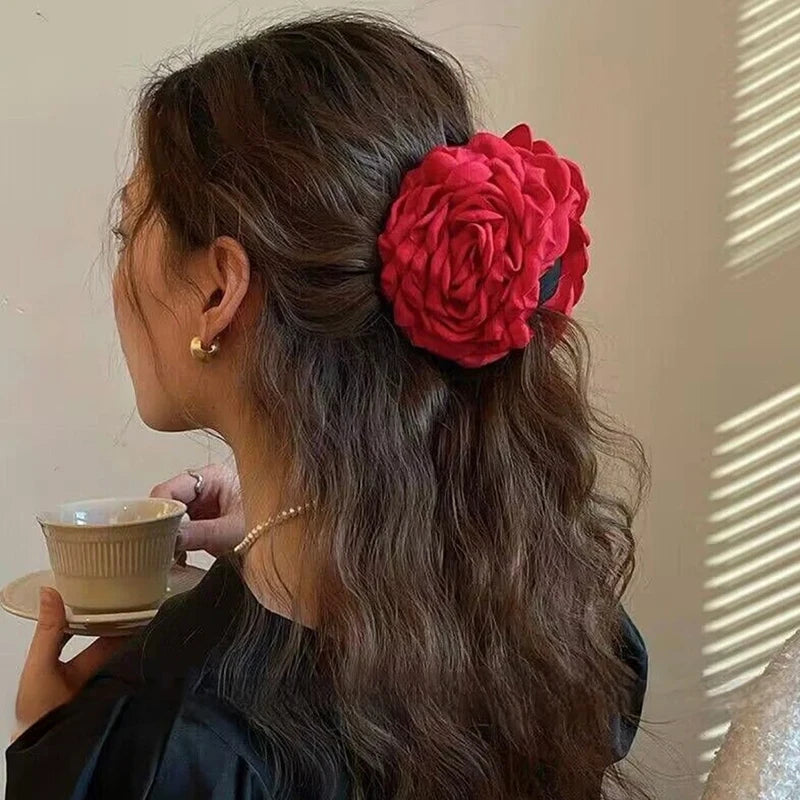 French Romantic Rose Flower Hair Clip Women Elegant Large Shark Clip Hair Claw Ponytail Barrettes Girl Hair Accessories Headwear