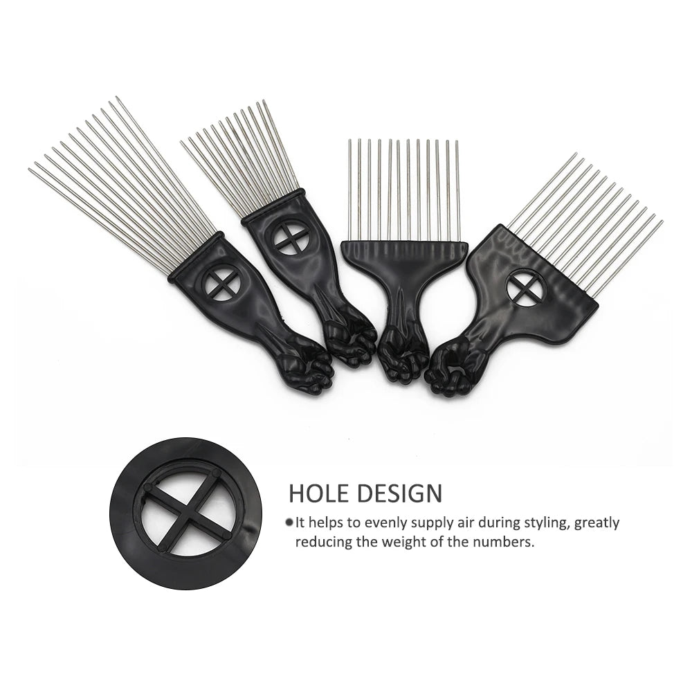 Professional Barber Hair Styling Afro Comb Plastic Handle Metal Tooth Hairdressing Curly Hair Pick Tools For Black Man