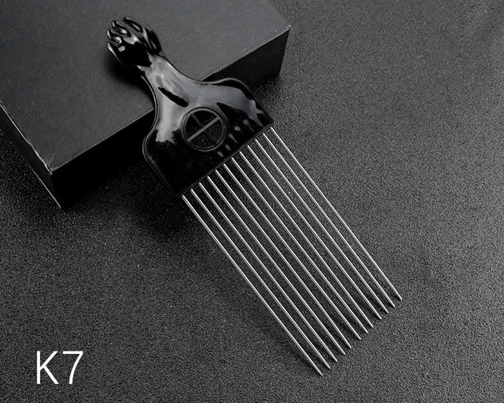 Professional Barber Hair Styling Afro Comb Plastic Handle Metal Tooth Hairdressing Curly Hair Pick Tools For Black Man