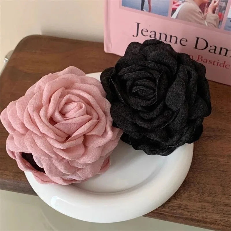 French Romantic Rose Flower Hair Clip Women Elegant Large Shark Clip Hair Claw Ponytail Barrettes Girl Hair Accessories Headwear