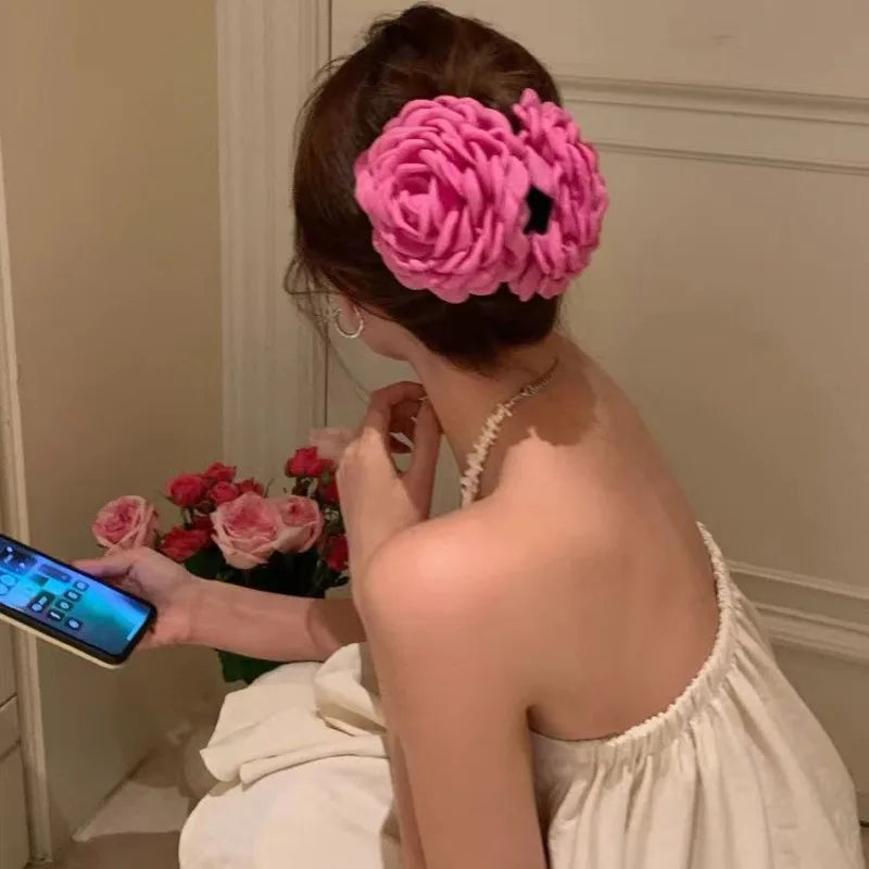 French Romantic Rose Flower Hair Clip Women Elegant Large Shark Clip Hair Claw Ponytail Barrettes Girl Hair Accessories Headwear
